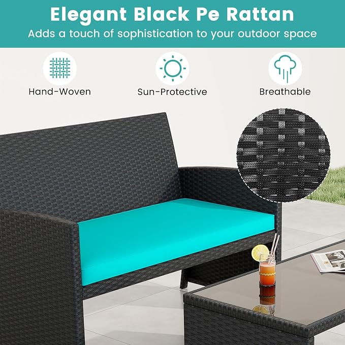 Tangkula 4 Pieces Patio Wicker Furniture Set, Outdoor Heavy Duty Rattan Cushioned Chairs, Loveseat and Tempered Glass Coffee Table, for Backyard, Balcony, Poolside (Turquoised,1)