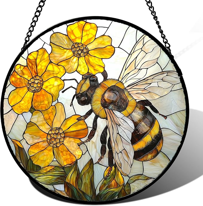 Stained Glass Window Hanging - Yellow Bees Gathering Flowers Sun Catcher for Door Garden Home Decor Cute Suncatcher Christmas Mother's Day Birthday Gifts for Women Men Mom Nana 11.8 in