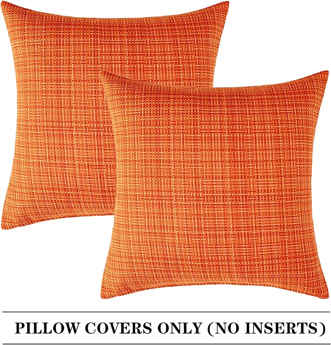 Kevin Textile Outdoor Waterproof 16x16 Inch Pillow Covers 2 Pack, Orange | Water Resistant, Faux Linen Yarn-dyed, Woven Texture Throw Pillow Covers for Tent Patio Garden Couch Sofa