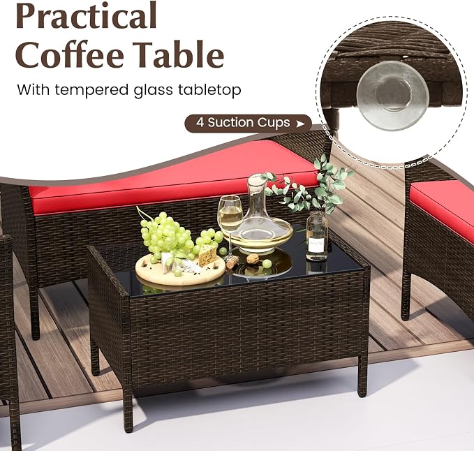 4 Piece Patio Furniture Set, Sectional Conversation Sofa Set with Glass Coffee Table, Cushions & Loveseat, Wicker Outdoor Table and Chairs for Pool, Garden, Deck, Backyard (1, Red)