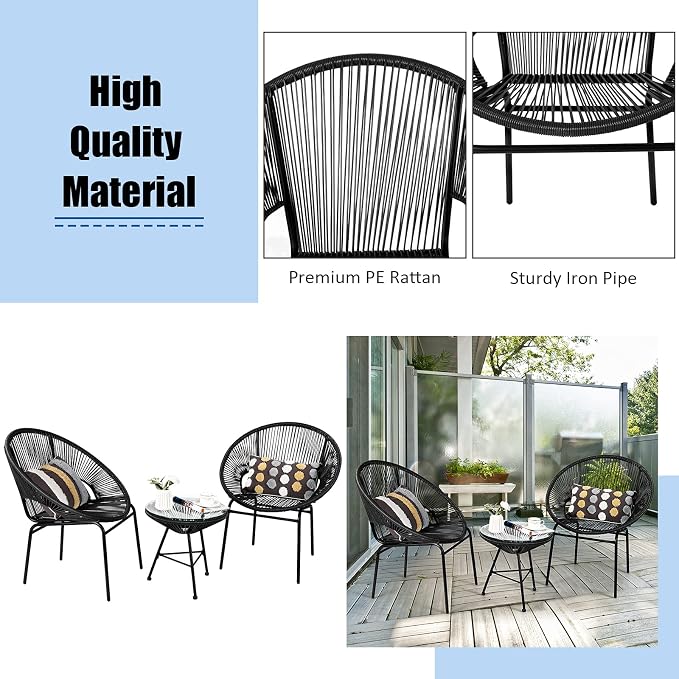 COSTWAY 3-Piece Outdoor Acapulco Chair Set, Wicker Conversation Bistro Sets with Plastic Rope, Glass Top Table, Patio Rattan Furniture Set for Garden, Balcony, Lawn, Backyard, Apartment, Black