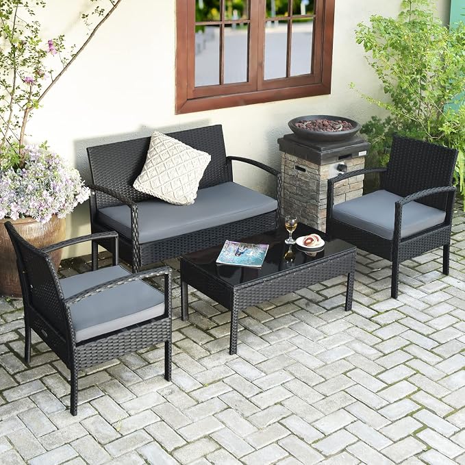 Outdoor Conversation Set 8 Pieces Patio Furniture, Wicker Patio Chair Sofa Set with Water-Resistant Gray Cushion & Tempered Glass Table for Backyard, Balcony, Porch(Black)