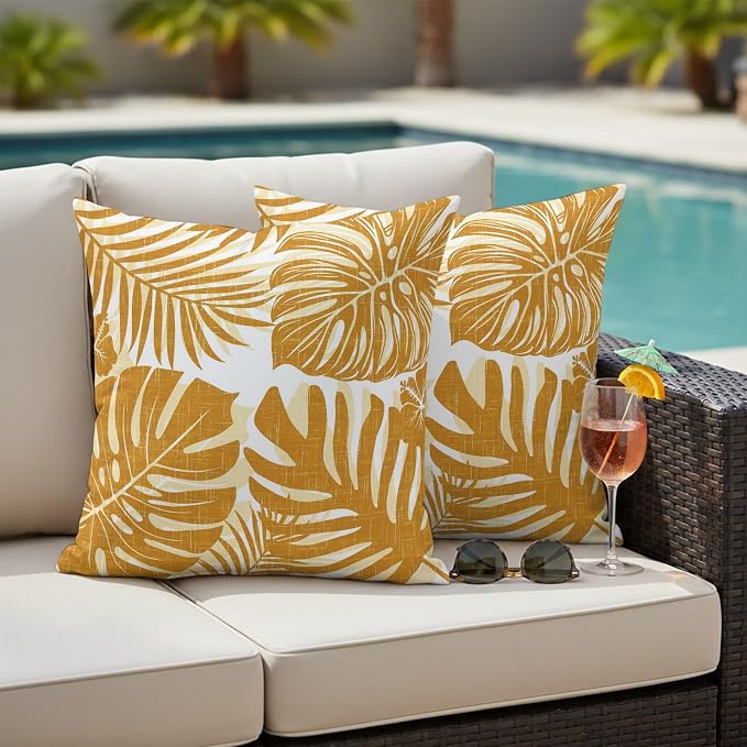 Vintage Yellow Palm Leaves Outdoor Pillow Covers 20"x20" Set of 2, Tropical Botanical Minimalist Modern Waterproof Throw Pillow Covers for Patio Furniture, Decorative Cushion Covers for Porch
