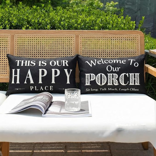 Black and White Welcome to Our Porch Outdoor Lumbar Pillow Covers Waterproof 12x20 Set of 2, Decorative Outdoor Lumbar Pillows 12 x 20, Front Porch Decor Patio Furniture Pillows (Without Inserts)