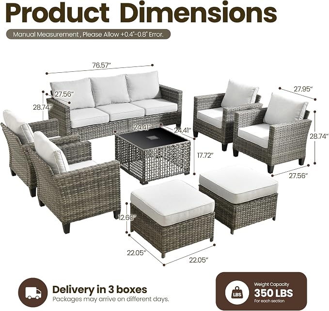 8 Piece Wicker Patio Furniture Set with Solar Table, Gray | Outdoor Deep Seating Sofa Chair Ottoman, Solar Lights Table, All Weather Rattan, Modern Conversation Set, Porch Deck Backyard