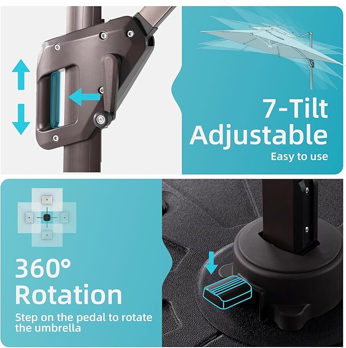 10x13 FT Patio Umbrella with Weighted Base and LED Lights Cantilever Outdoor Large Heavy Duty Rectangle Aluminum Offset Umbrellas Double Top 360 Rotation for Pool Deck Garden, Turquoise
