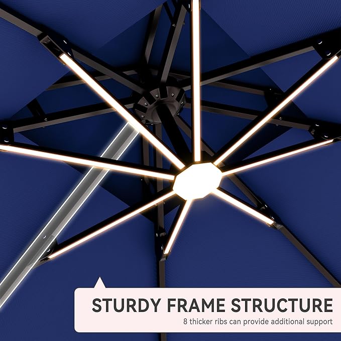 10' X 13' Cantilever Patio Umbrella with Base Included and Led Lights Double Top Rectangular Outdoor Large Offset Umbrellas with 7 Tilts Adjustable 360°Rotation for Deck Pool Garden Backyard, Navy