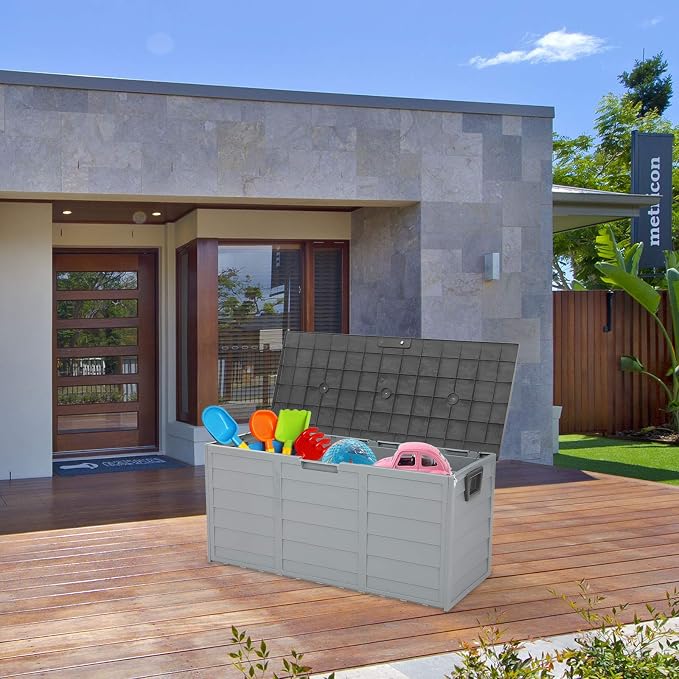 75 Gallon Resin Deck Box,Outdoor Large Resin Deck Box,Lockable Container for Patio Furniture Cushions Garden Tools (Grey)