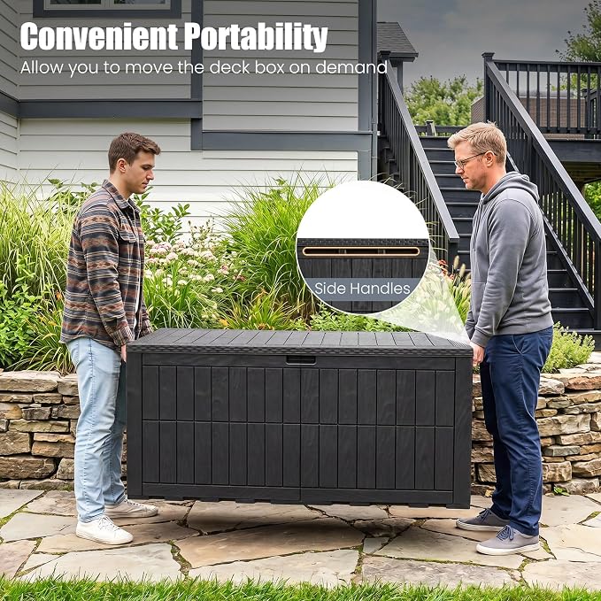 HAPPYGRILL 180 Gal Outdoor Deck Box, Lockable Storage Bin with Lid and Handles, Waterproof and Sun-Protective Patio Bench and Storage Box for Garden Tools Pool Supplies (Black, 180Gallon)