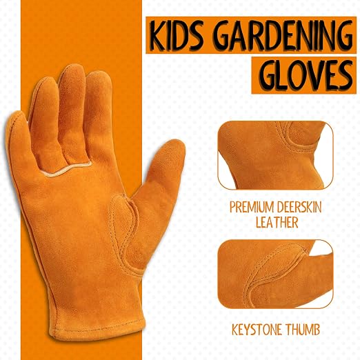 HANDLANDY 2 Pairs Kids Leather Gardening Gloves, Kid Work Gloves, Orange, L | Durable Soft Breathable Yard Work Cycling Outdoor Playing Glove for Age 2-9, for Children, Boys, Girls, Toddlers, Great Gift