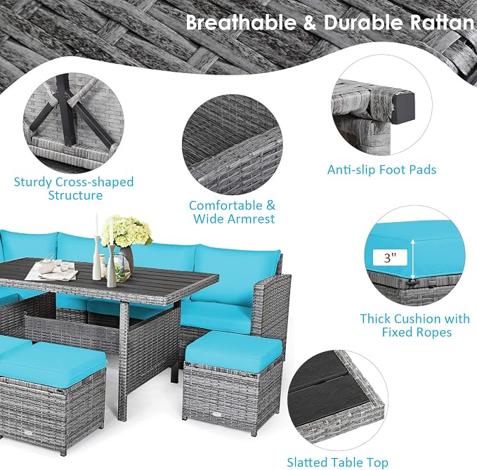 Tangkula 7 Pieces Patio Furniture Set, Outdoor Sectional Rattan Sofa Set with Cushions, All Weather Wicker Conversation Couch Set w/Dining Table & Ottomans for Backyard Garden Poolside (Turquoise)