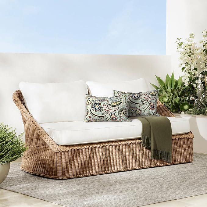 DYTXIII Pack of 2 Outdoor Waterproof Lumbar Pillow Covers ONLY, 12x20 Rectangle Decorative Double Printed Pillow Cases for Patio Couch Porch Furniture - Paisley Lightcyan