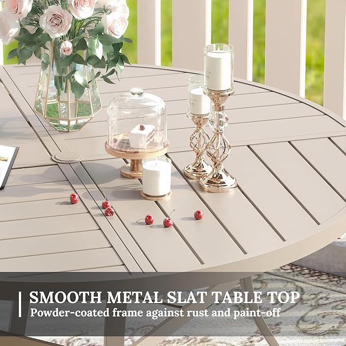 VICLLAX Patio Dining Set for 6, 6 Seats Outdoor Furniture Includes 53.1" Round Patio Table and Swivel Padded Chairs, Sandshell Color Tabletop and Fabric