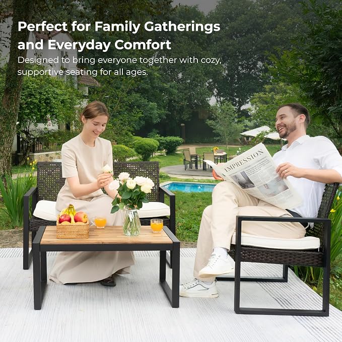 5-Piece Boho Patio Furniture Set, PE Rattan & Acacia Wood Outdoor Conversation Set for Porch, Garden, Backyard, Balcony
