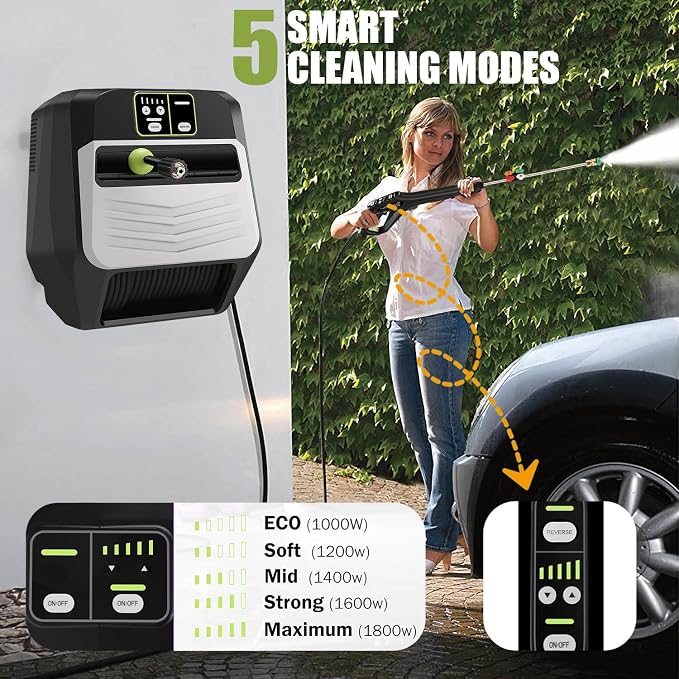 Wall Mounted Pressure Washer - Max 5500 PSI 3.6 GPM, 5 Levels Power Washer with 66FT Retractable Hose for Car/Driveway, Automatic Rewind, Any Length Lock, Black