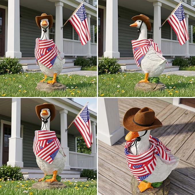 12" Real Farm Porch Goose Statue, Resin Yard Duck, Whimsical Outdoor Decor, Perfect for Garden, Patio, Backyard - Durable & Weather-Resistant, Accessorize with Cowboy Hat and Funny Scarf