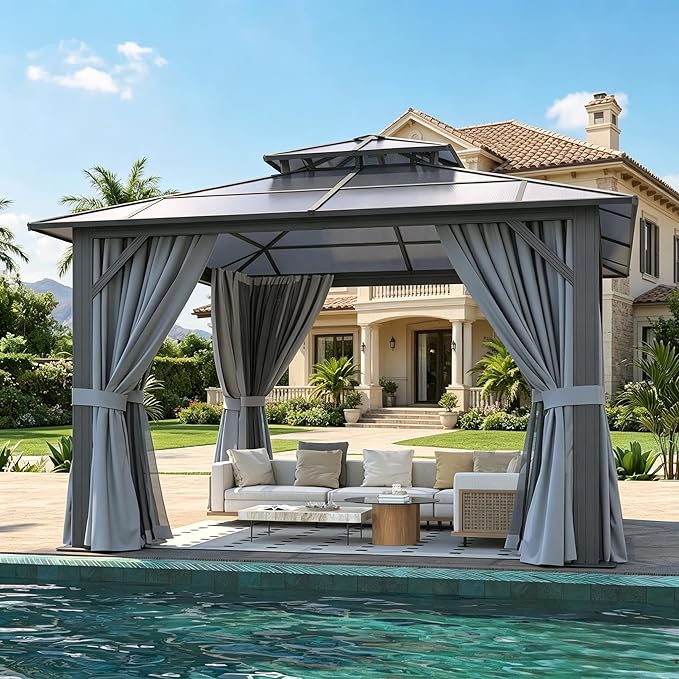 10’x10’ Hardtop Gazebo with Double Polycarbonate Roof Outdoor Metal Gazebo Sturdy Aluminum Frame & Removable Curtains, Netting Permanent Pavilion Pergola for Garden,Patio,Lawn (Gray)