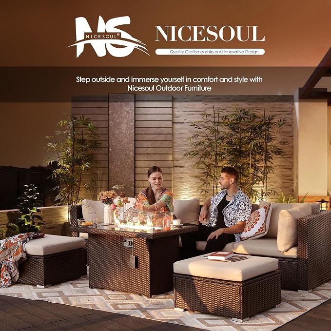 NICESOUL 13 Piece Patio Furniture w/Fireplace, Elegant Outdoor Seating w/Firepit, XL 29.3'' High Back Sectional Sofa, All-Weather Rattan Deck Couch, Modular Sturdy Conversation Set, Brown & Beige