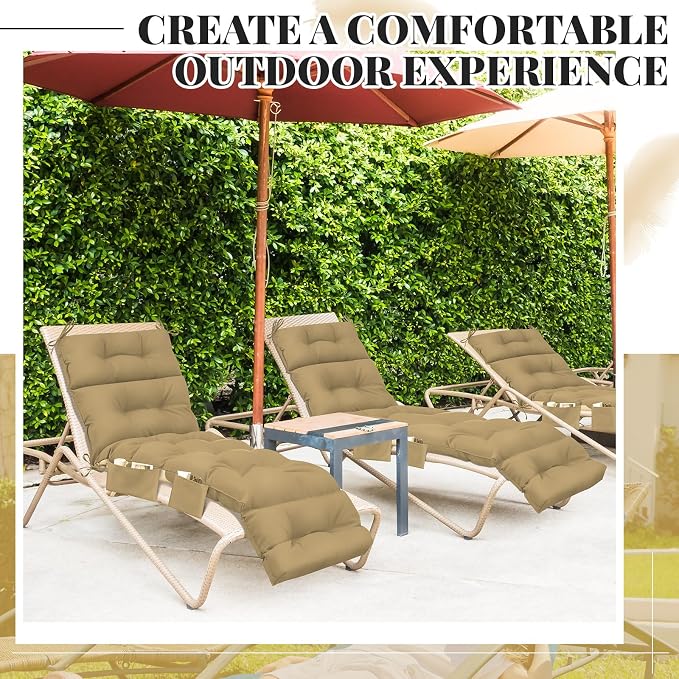 Kigley 2 Pcs Outdoor Chaise Lounge Cushions with 3 Side Pocket 74.5 x 22 x 4.7 Inch Patio Chaise Lounge Cushion, Water-Repellent and Fade-Resistant Tufted Summer Replacement(Brown)