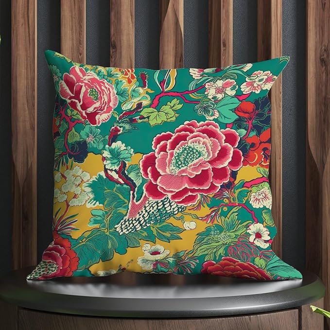 Chinoiserie Red Peony Floral Throw Pillow Covers Green and Pink Throw Pillow Cover Abstract Farmhouse Decor Pillow for Living Bed Room Patio Home 18x18 in