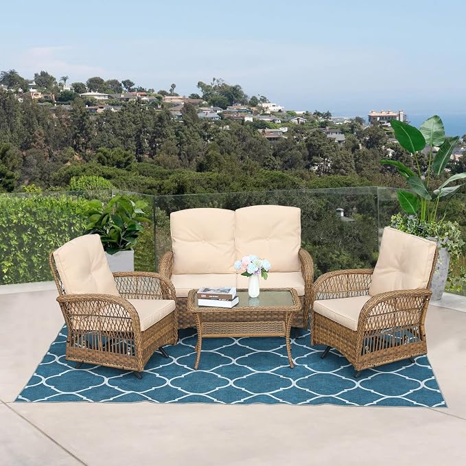 VIVIJASON 4-Piece Outdoor Patio Wicker Conversation Sets, All Weather Outdoor Rattan Furniture Set Includes Glider Loveseat, Coffee Table, 2 Glider Rocker Chairs with Cushions for Lawn Garden Balcony