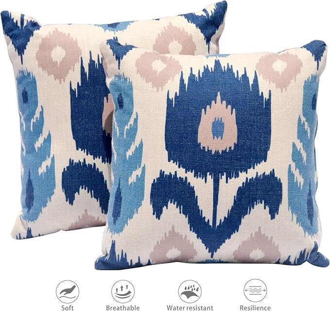 HOOOWOOO Outdoor Patio Throw Pillows Set of 2 with Inserts,Small Firm toss Decorative Pillow Weather Resistant for Indoor Outdoor Chair, Sofa Furniture,17x17,14x14x5,Blue Flower