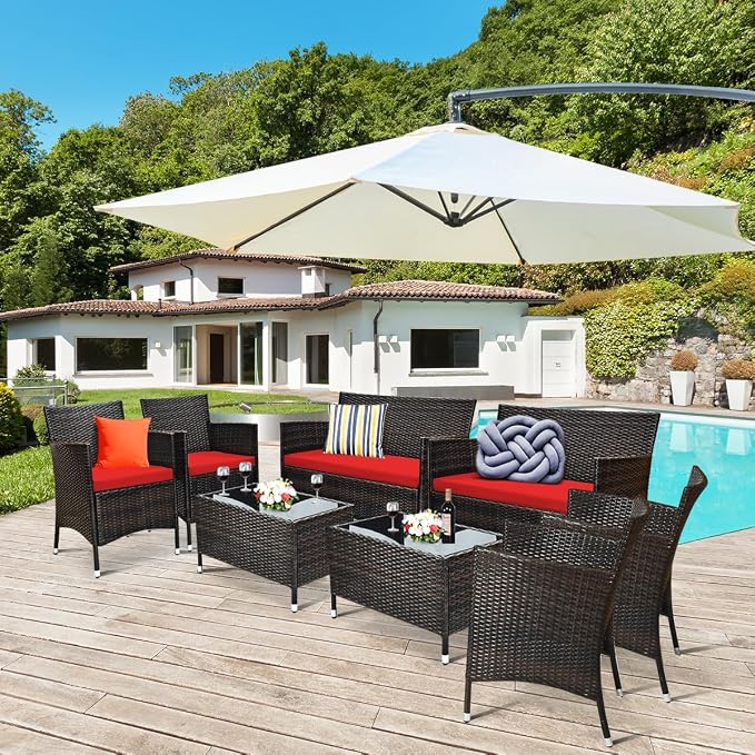 8 Pieces Patio Sofa Set, Wicker Conversation Set with Ergonomic Curved Backrest, Water-Resistant Cushion & Tempered Glass Table for Balcony, Porch (Red)
