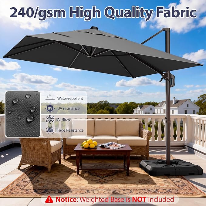 9' X 12' Cantilever Patio Umbrella Rectangle Outdoor Umbrella, 6-Level Tilt & 360° Rotation Offset Umbrella for Garden, Deck, Pool (Grey)