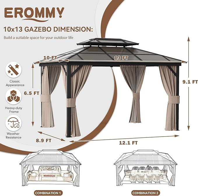 EROMMY 10' x 13' Gazebo Polycarbonate Double Roof Canopy Outdoor Aluminum Frame Pergola, Permanent Pavilion with Netting and Curtains for Garden Patio Lawns Parties