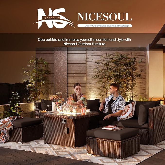 NICESOUL 11 Piece Outdoor Furniture Set with Fireplace, Luxury Patio Sectional Sets 10-Seater, Chill 29.3'' High-Back Backyard Seating, All-Weather Rattan Couch Sofa for Outside, Deck, Brown & Grey