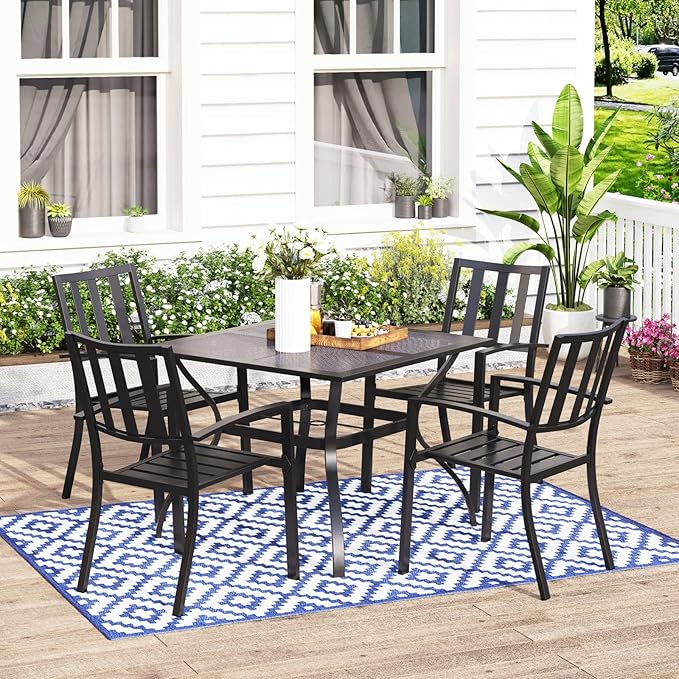 MFSTUDIO Patio Dining Set for 4, Outdoor Table and Chairs Set with Umbrella Hole, Metal Patio Furniture Set for Deck, Backyard, Poolside & Garden