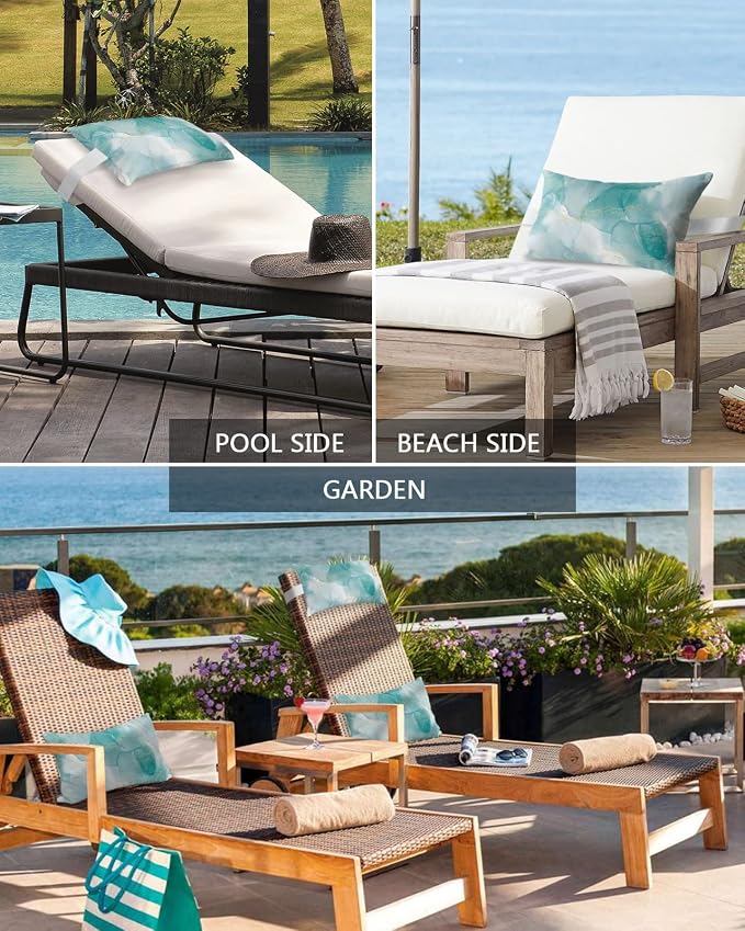 Marble Aqua Outdoor Beach Chair Pillow Headrest for Chaise Lounge Chair,Aesthetics Abstract Ombre Minimalist Art Recliner Head Pillow Waterproof Pillowcases with Elastic Stripes & Inserts 11x16,2 Pcs