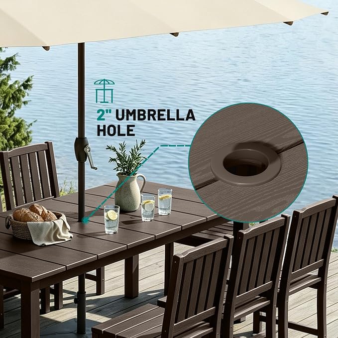 PLUUV 7-Piece Outdoor Dining Set – HDPE Patio Furniture with Umbrella Hole Table, Aluminum Legs, and 6 Armless Chairs, Weatherproof & Easy-Clean for Backyard, Garden, Coffee