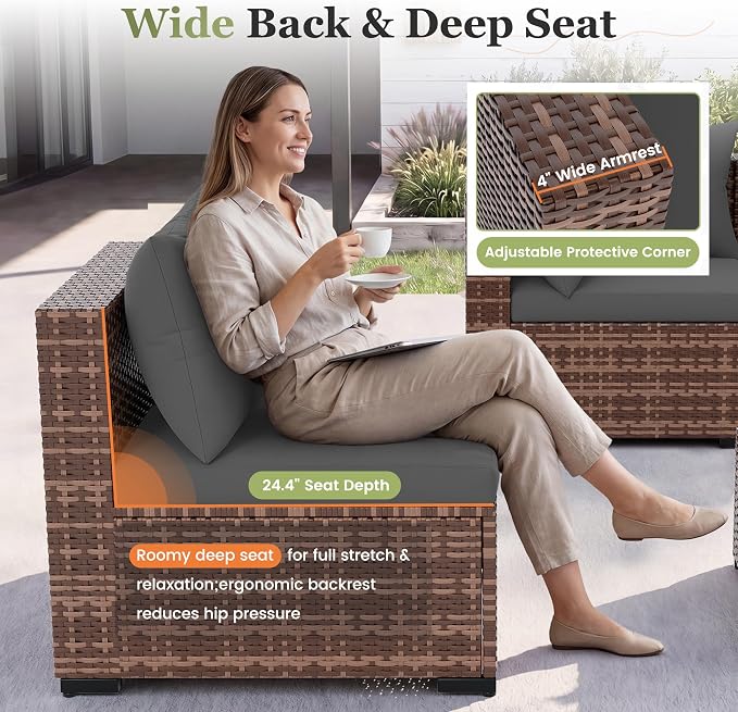 Amopatio Patio Furniture Sets, 7 Pieces Outdoor Rattan Sectional with Glass Table and Cushions,Wicker Patio Conversation Set for Outdoor Indoor Backyard Lawn Garden Porch (Grey)