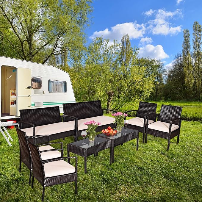 COSTWAY 8 PCS Patio Rattan Conversation Furniture Set Cushioned Seat Glass Tabletop