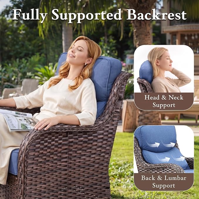 Luxury Outdoor Swivel Rocker Patio Chairs, High Back Patio Swivel Chairs with Side Table & 6-Inch Thick Cushions, Wicker Outdoor Bistro Set for Porch, Yard, Deck, Poolside, Brown/Blue