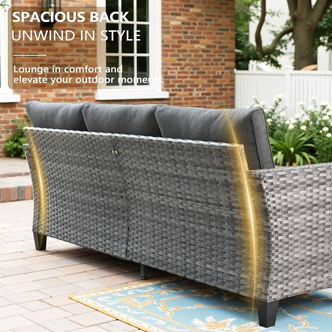CAODOC 8-Piece Outdoor Wicker Patio Set with 9 Seats, Including 43" Fire Pit - Sectional Sofa and Conversation Set for Backyard or Lawn, Gray Rattan with Waterproof Black Cushions