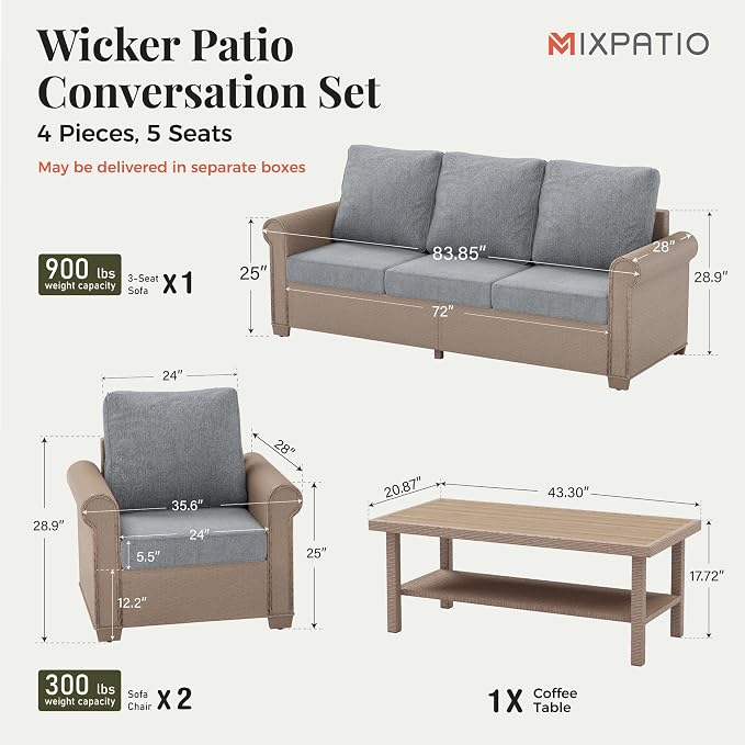 MIXPATIO Patio Furniture Set, 4 Piece Wicker Outdoor Furniture Set with Fire Pit Table & Thick Waterproof Cushions, 5 Seats Patio Conversation Set for Backyard Deck, Gray