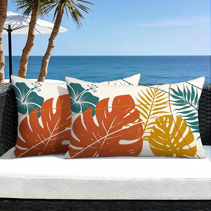 OTOSTAR Outdoor Waterproof Throw Pillow Covers 12x20 Inch Set of 2 Double-Sided Orange Yellow Tropical Leaf and Flower Spring Summer Decorative Pillow Cases for Patio Funiture Garden Balcony Couch