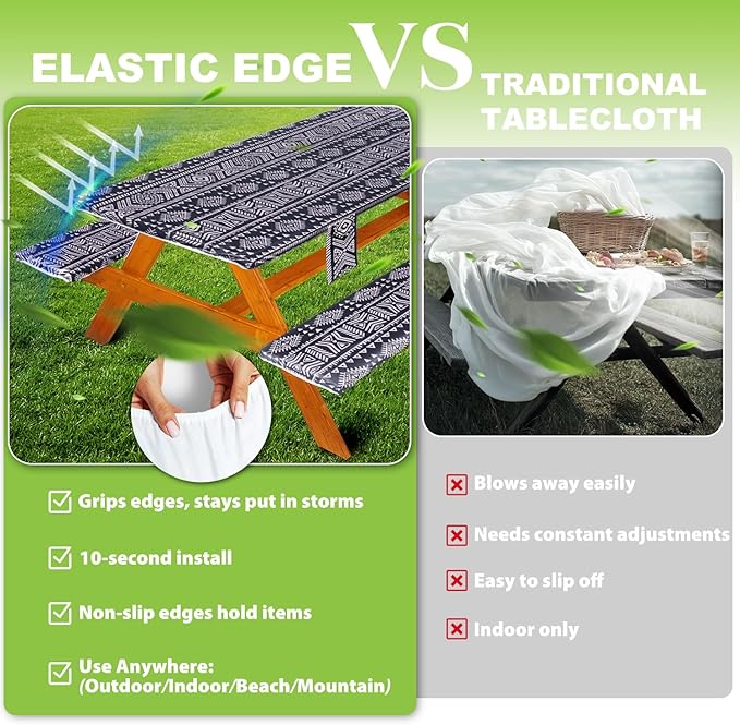 Picnic Table Cover with Bench Covers Vinyl Elastic Edges Fitted Rectangle Seat Tables Waterproof 3-Piece96X30in Set Outdoor Rectangular Folding Backing Tablecloth for Camping Over Size