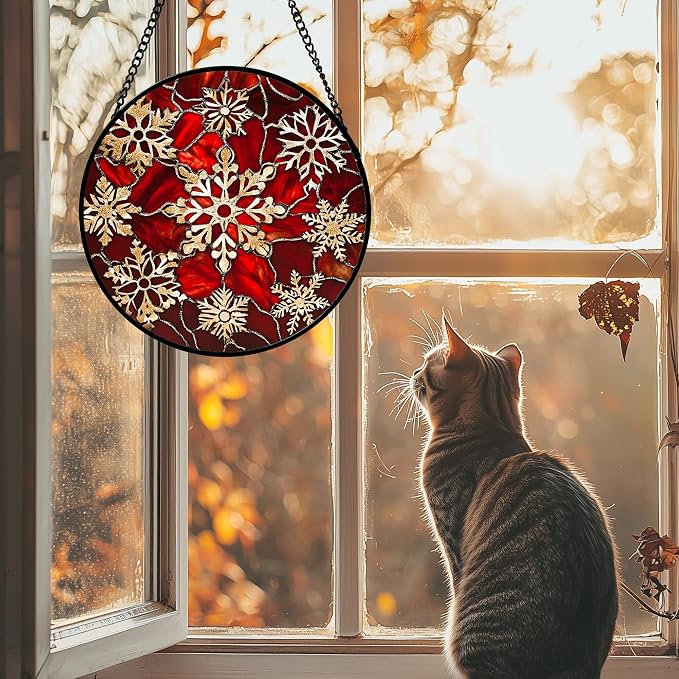 DASTOLL Stained Glass Window Hanging 4 Pcs Set Red Christmas Elk Snowflakes 7.8" - Deer Suncatcher Door Garden Sun Catcher Decor Birthday for Mom Woman Nana Men Friend