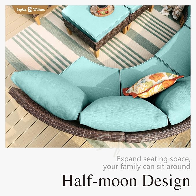 Sophia & William Outdoor Wicker Sectional Sofa Set, 12 Piece Half Moon Curved Patio Furniture Modern Round Outdoor Couch Conversation Set with Ottoman for Backyard, Deck, Garden(Aqua Blue)