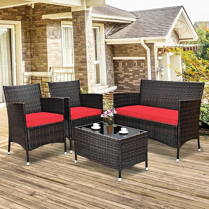 GLACER 4 Pieces Rattan Conversation Set - Patio Furniture Set W/High-Elasticity Cushion & Tempered Glass Center Coffee Table, Outdoor Wicker Sofa Chair Set for Garden, Porch, Poolside & Backyard