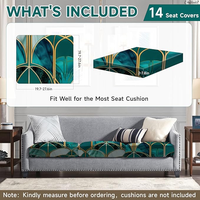 CALBODE 14Pcs Stretch Patio Cushion Cover, Art Deco Geometric Pattern Couch & Sofa Slipcovers for Patio Furniture Cushions Washable Reusable Couch Covers Replacement for All Season(Green, Cover Only)