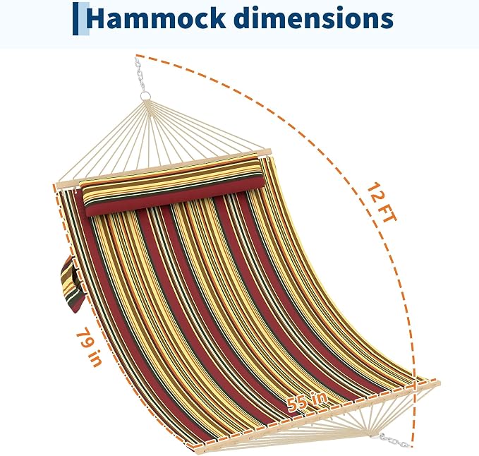 Double Quilted Hammock with Spreader Bar, 12FT, Detachable Pillow, 2-Person | cotton-polyester blend, UV-resistant, quick-dry, 450lbs, for patio/backyard/poolside, Red-Yellow Stripe