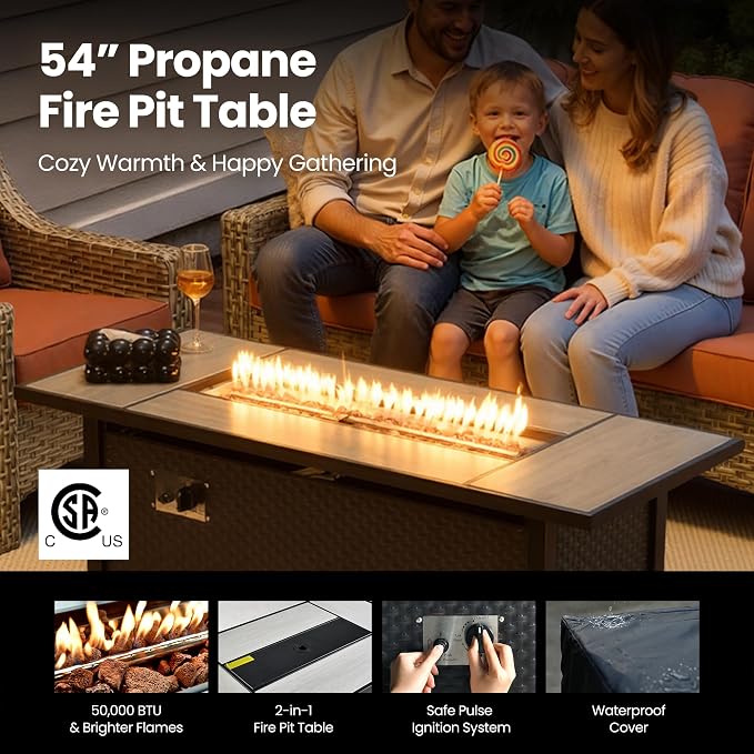 6 Piece Patio Furniture Set with Fire Pit Table, Conversation Sets with High Back Swivel Rocker Chairs, Outdoor Wicker Sofa Loveseat with Comfy Cushion for Backyard Deck Garden, Bold Orange