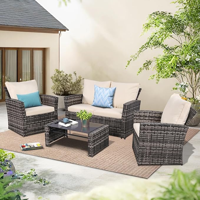 FHFO 4 Piece Outdoor Wicker Patio Furniture Set, Grey/Beige | Sectional Sofa | All-Weather Hand-Woven Rattan | Tempered Glass Coffee Table | Durable Fabric | Indoor & Outdoor Use