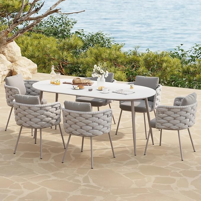 LOVEDIMA 70.9'' Patio Table and Chairs Set,7 Pieces Patio Furniture Set Outdoor Sintered Stone Top Dining Table Set with Rope Woven Armchairs for 6,Gray & White