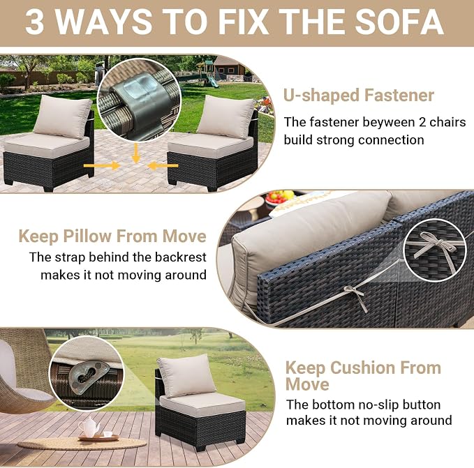Jing's Villa 5-Piece Patio Furniture Set, All-Weather Outdoor Wicker Sectional Sofa with Cushions, Tempered Glass Table & Ottoman, Rattan Conversation Seating for Porch, Garden, Backyard,Beige