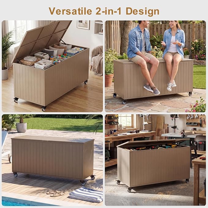 Outdoor Storage Box with Wheels 250 Gallon, Metal Deck Boxes Waterproof, UV Resistant Patio Storage Box with Lid for Patio Furniture, Garden Tools,Outdoor Cushion (Brown)